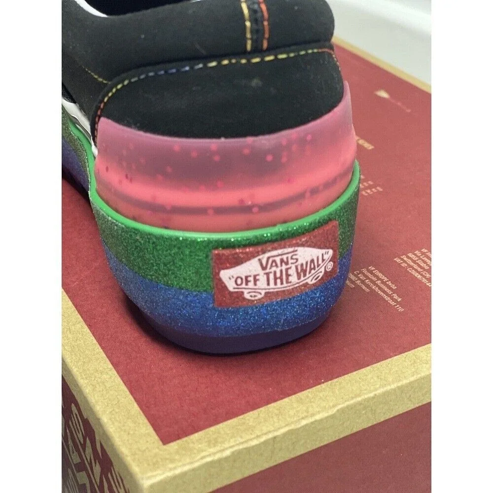 Vans Sneakers Classic Slip On Platform Black Glitter Rainbow Women 5.5 Pride New